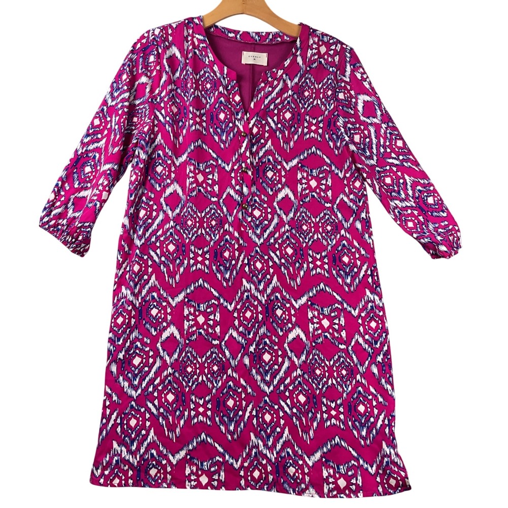 Everly Ikat Geometric Shift Dress Womens Medium Pink Excellent 3/4 Sleeve DR4422